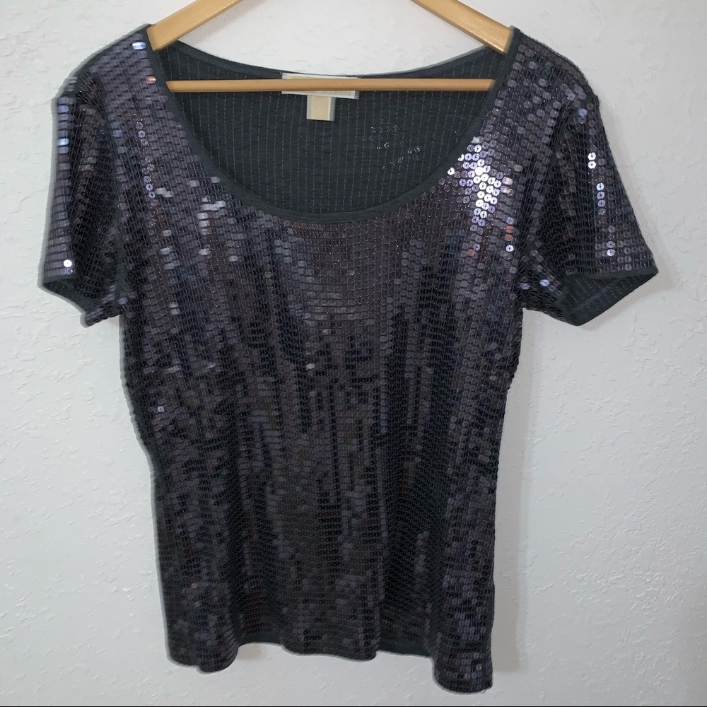 MICHAEL Michael Kors Gunmetal Gray All Over Sequin Covered Short Sleeve Top.